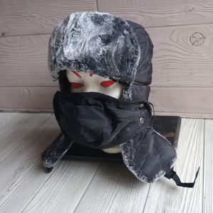 MySuntown Winter Trapper Hat With Ear Flaps Faux Fur Black/Gray